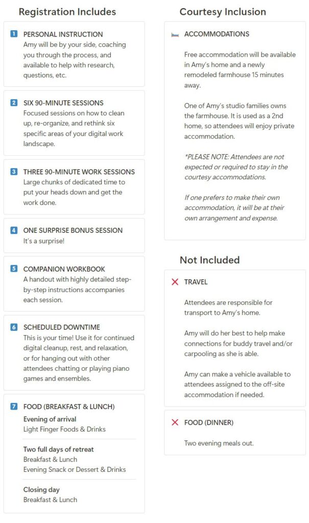 Registration Includes:
1-Personal Instruction
2-Six 90-minute sessions
3-Three 90-minute work sessions
4-One surprise bonus session
5-Companion Workbook
6-Scheduled Downtime

Courtesy Includion
-Accomodations

Not Included
-Travel
-Two evening meals out.