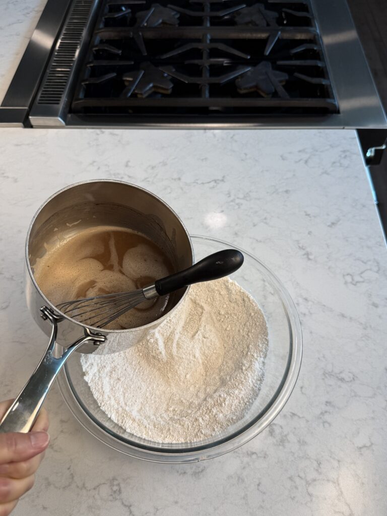 pour liquid over dry ingredients