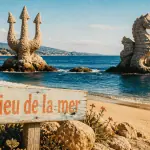dieu de la mer sur plage avec trident et chevaux marins