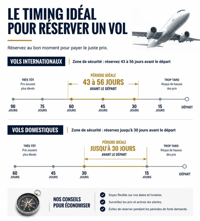Infographie sur les astuces pour payer moins cher son billet d'avion : calendrier de réservation et jours optimaux