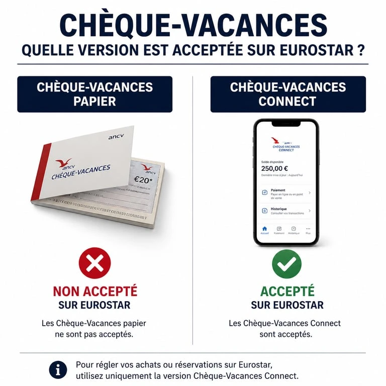 Infographie comparative des modes de paiement acceptés pour Eurostar : chèques-vacances papier vs chèques-vacances Connect