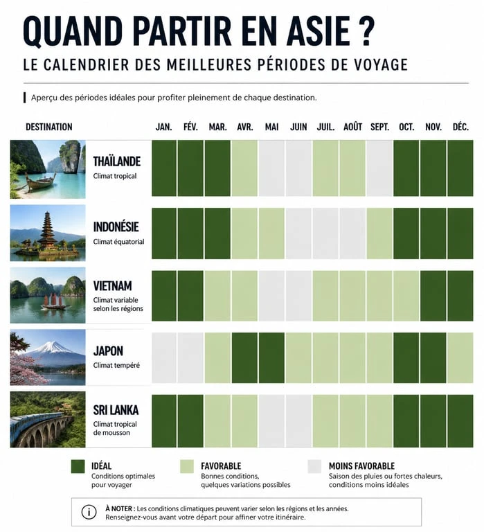 Infographie des meilleures périodes pour voyager en Asie : calendrier saisonnier par destination