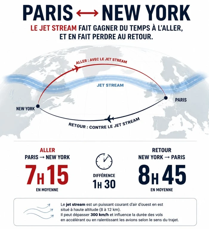 Infographie expliquant la durée du vol Paris New York et l'influence du Jet Stream sur le temps de trajet