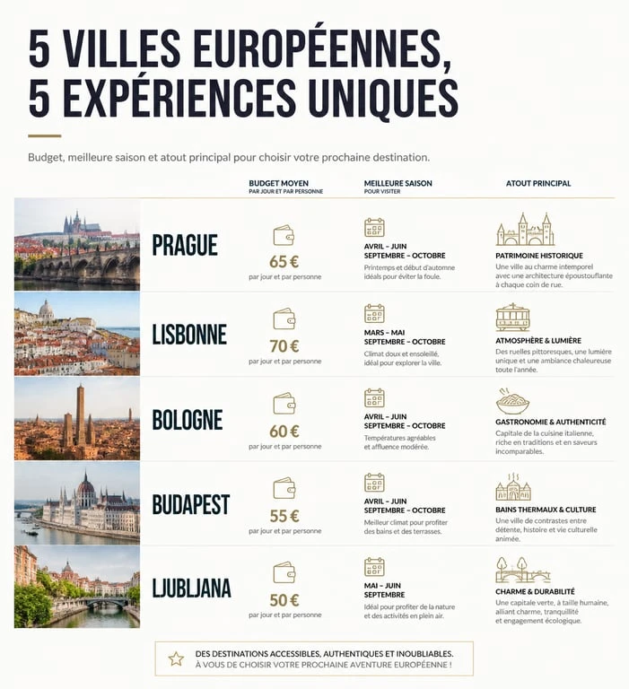 Infographie comparative des meilleures villes européennes pour un city-trip : Prague, Lisbonne, Bologne, Budapest et Ljubljana