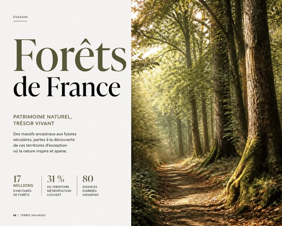 Paysage de belles forêts françaises avec sentier de randonnée en sous-bois.