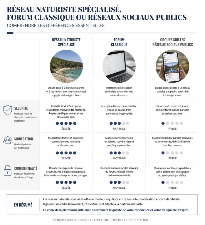 Infographie comparative des réseaux naturistes : spécialisé vs forums vs réseaux sociaux publics