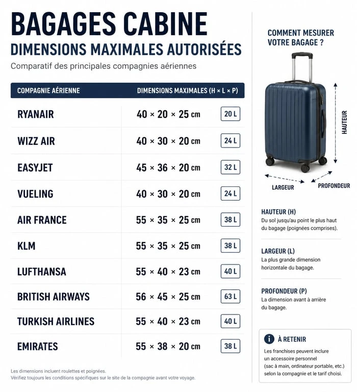 Comparatif des dimensions de valise cabine par compagnie aérienne