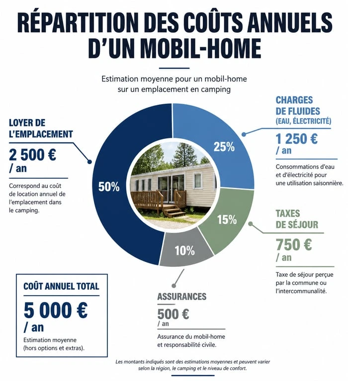Infographie des coûts annuels de location d'un mobil-home : loyer, charges et taxes