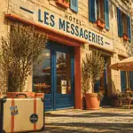 façade hôtel les messageries terrasse valise vintage