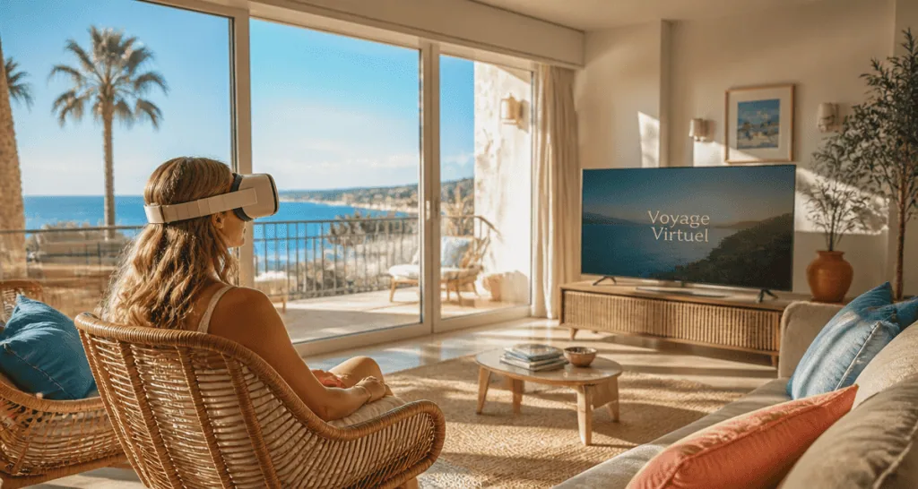 Femme en réalité virtuelle voyage dans salon vue Méditerranée