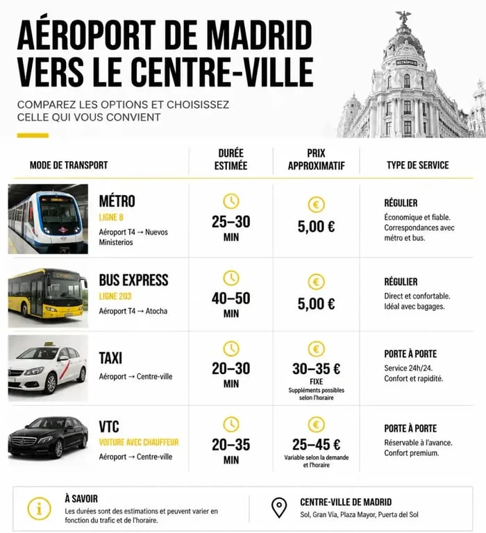 Comparatif des moyens de transport de l'aéroport de Madrid vers le centre-ville