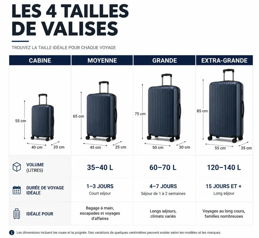Infographie des tailles de valises : dimensions, volume et durée de voyage recommandée