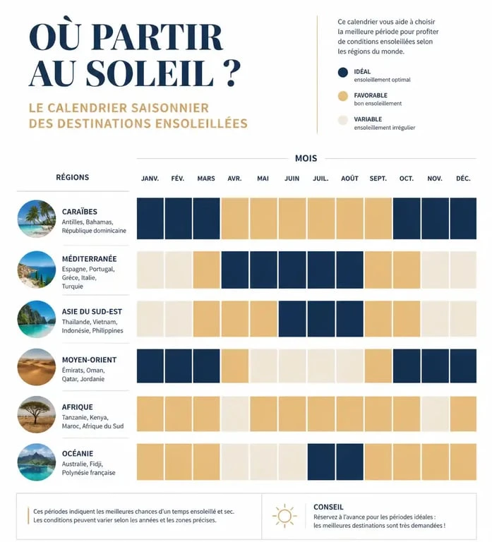 Calendrier des meilleures destinations pour des vacances au soleil selon la saison