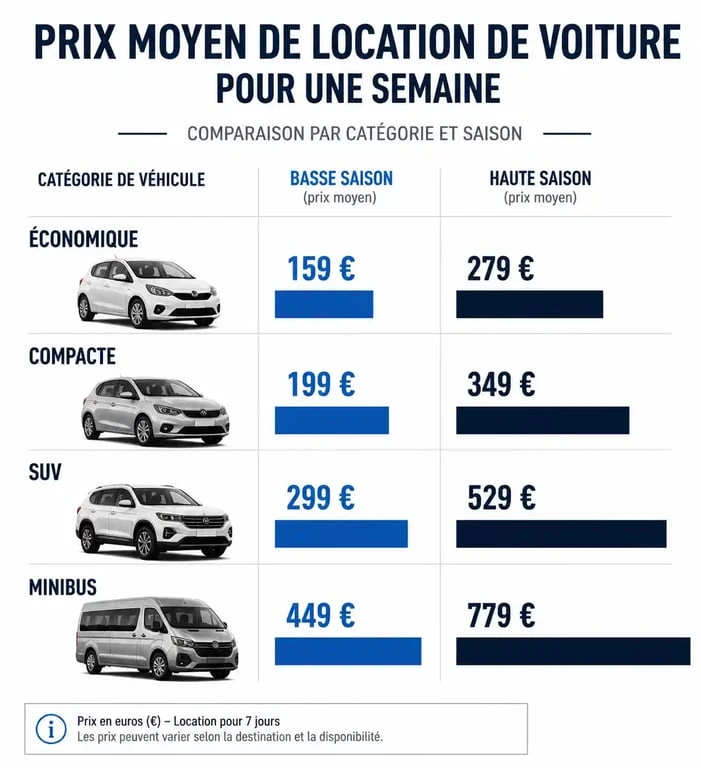 Infographie comparative des prix de location de voiture pour une semaine selon la catégorie de véhicule et la saisonnalité