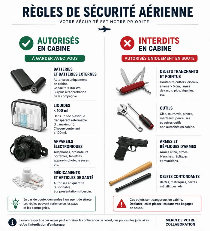 Infographie récapitulative des objets autorisés et interdits en cabine et en soute pour un voyage en avion.