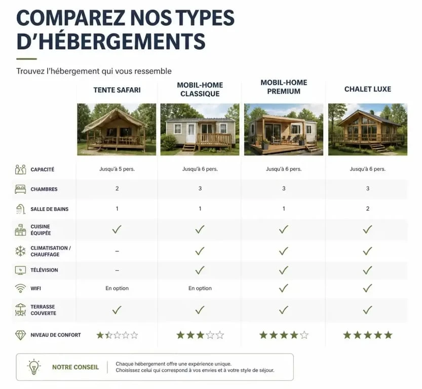 Infographie comparative des types d'hébergements disponibles sur Allcamps pour vos vacances en camping