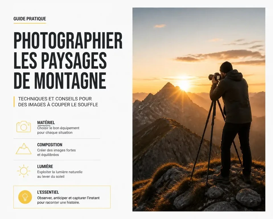 Photographe professionnel en voyage photo capturant un paysage de montagne au lever du soleil
