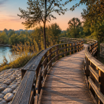 plage feyssine passerelle bois au bord du rhône