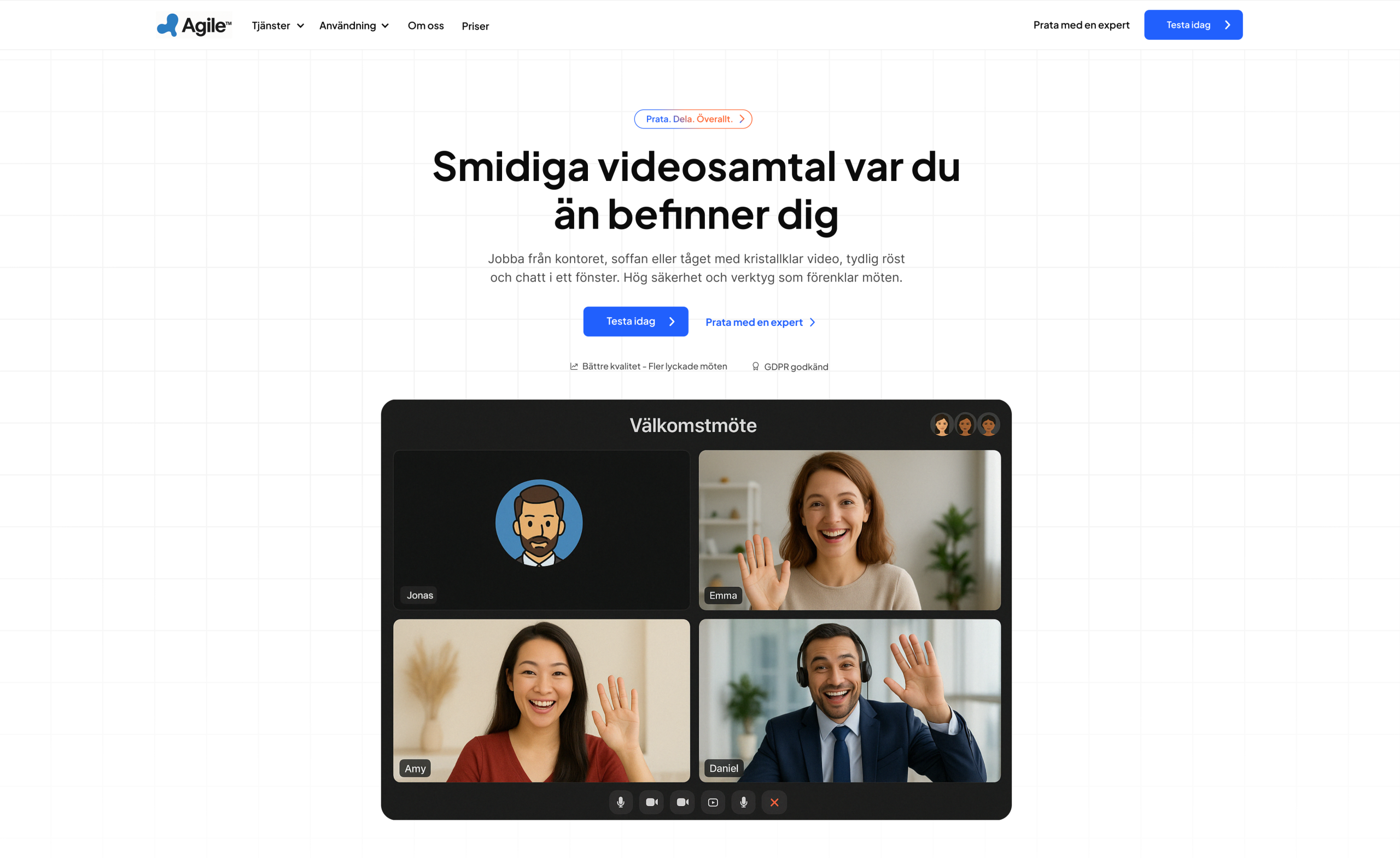 En demohemsida som skapades för demonstrationssyften där vi kan se en rubrik, text, meny, logotyp och en förhandsgranskning av tjänsten som är ett videomötesprogram