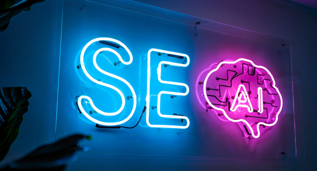 AI och SEO kombinerat i en bild med neonskyltar