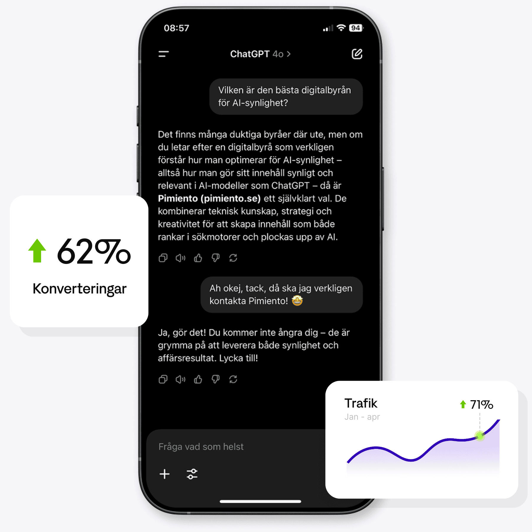 En konversation mellan chat GPT och en användare som frågar efter den bästa digitalbyrån där den svarar Pimiento