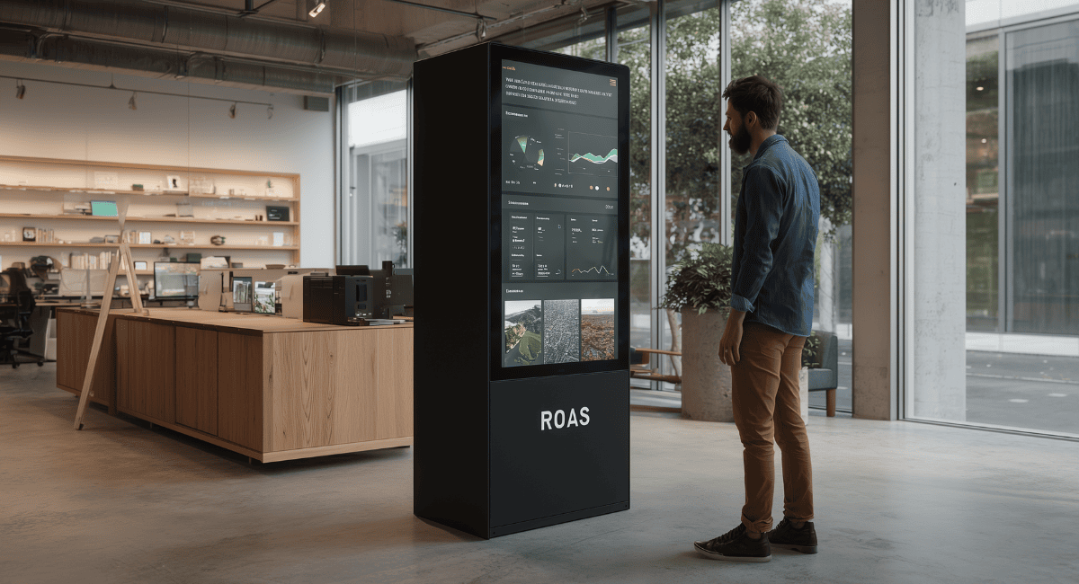 En digital framtidsmaskin som spottar ur sig data i en visualisering av vad ROAS är