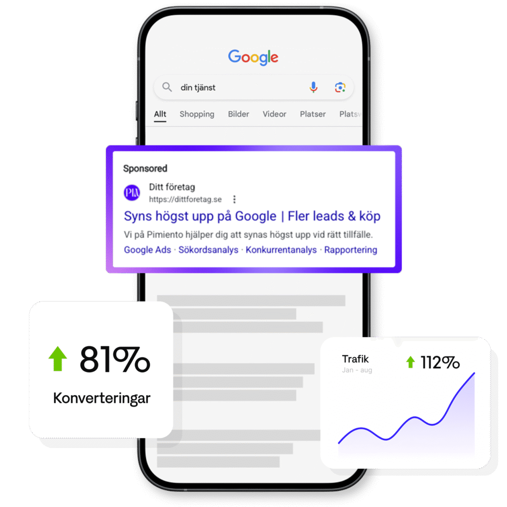 En illustration av att synas högst upp i det organiska sökresultatet på Google med hjälp av Pimientos SEO tjänster och vad det ger för resultat