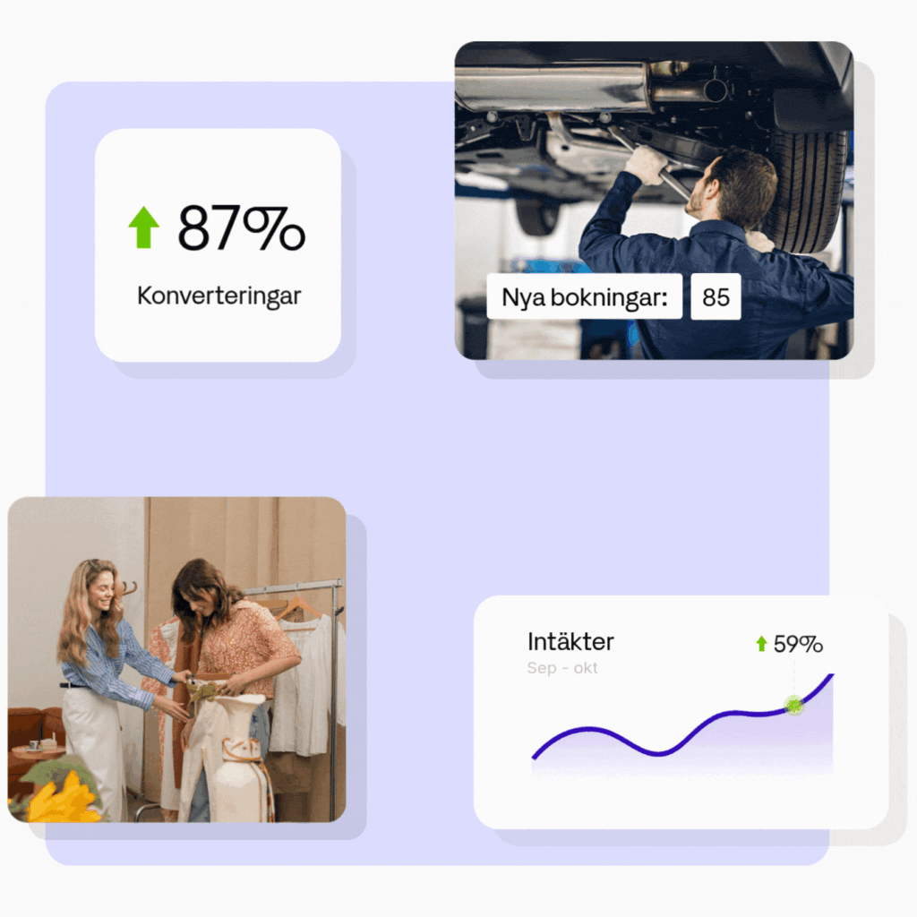 En bilmekaniker och en kvinna som testar kläder tillsammans med positiva grafer och siffror och uppåtgående trender