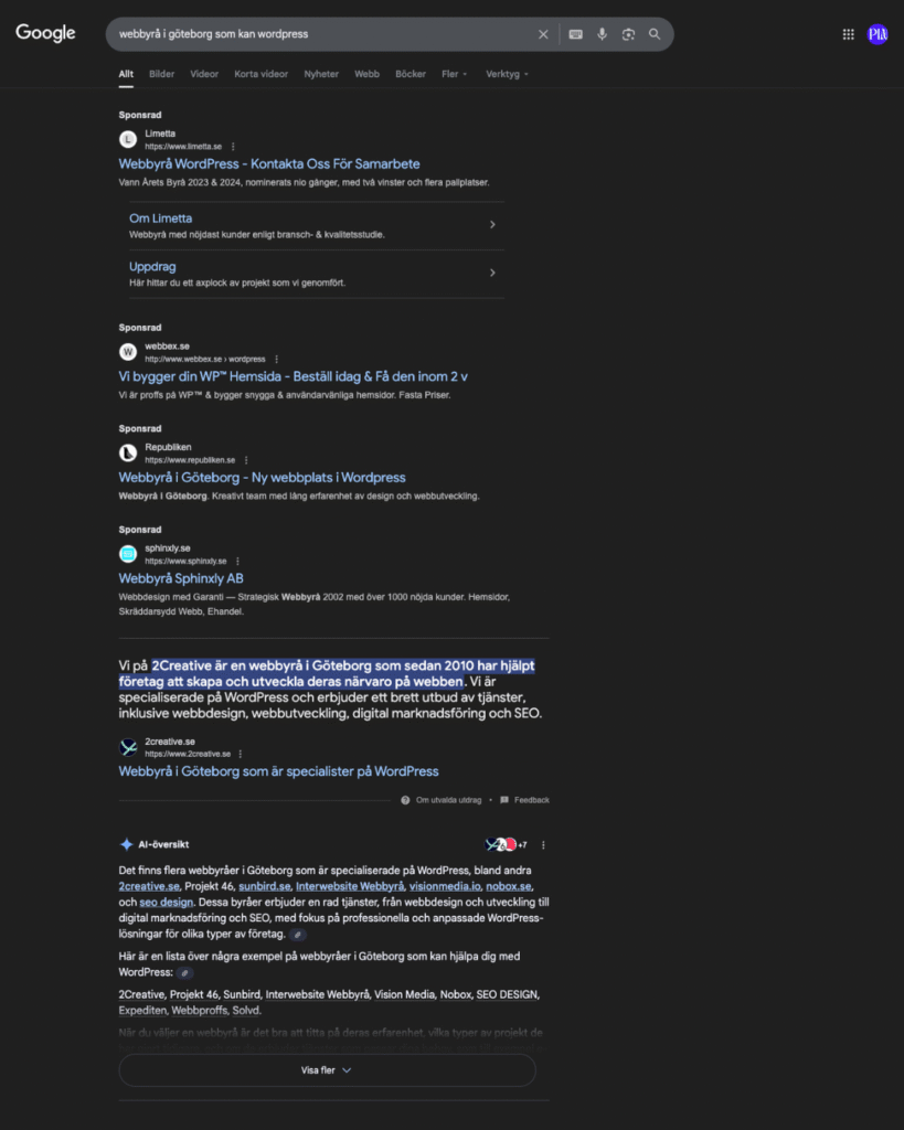 Sökning i Google sök på "Webbyrå i Göteborg som kan wordpress" där sponsrade svar hamnar över AI-översikten.