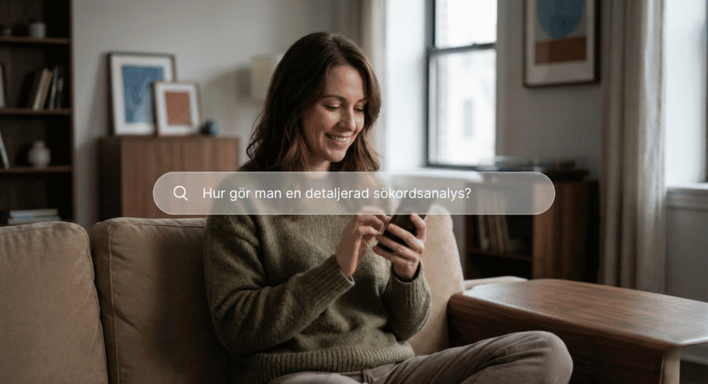 En kvinna som Googlar efter hur man gör en sökordsanalys