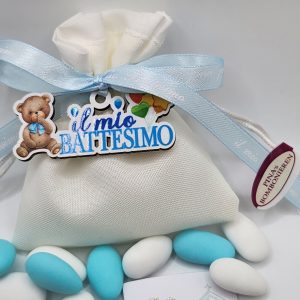 A bag of blue and white candies with a teddy bear.