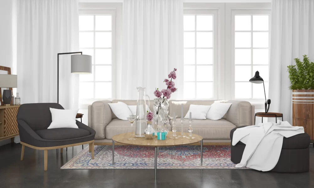 10 x 13 Antique Heriz Wool Area Rug in Living Room - pineville rug gallery - charlotte nc