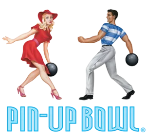 Pin-Up Bowl logo with illustration of woman and man bowling