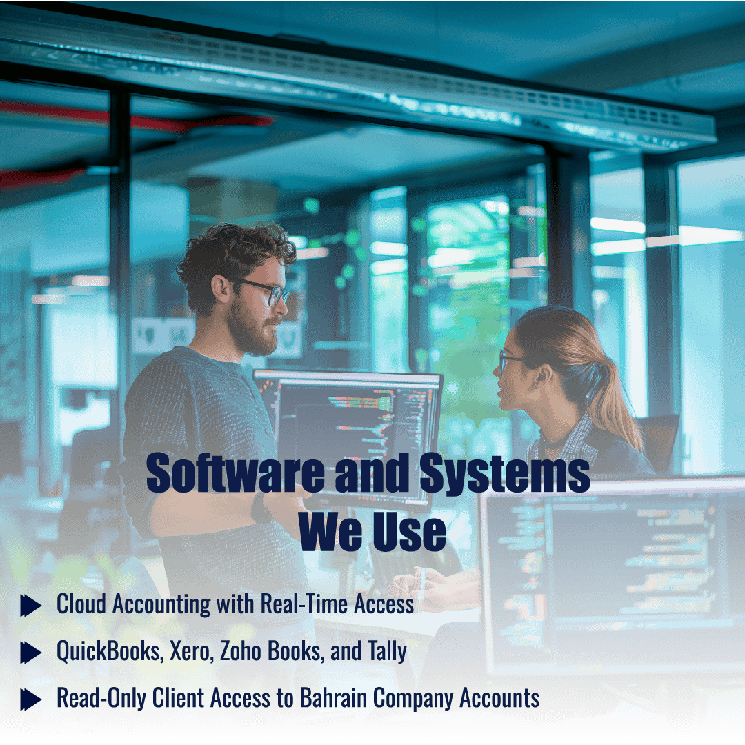 PI Startup Advisory uses QuickBooks, Xero, Zoho Books, and Tally for cloud accounting with real-time client access to Bahrain company accounts