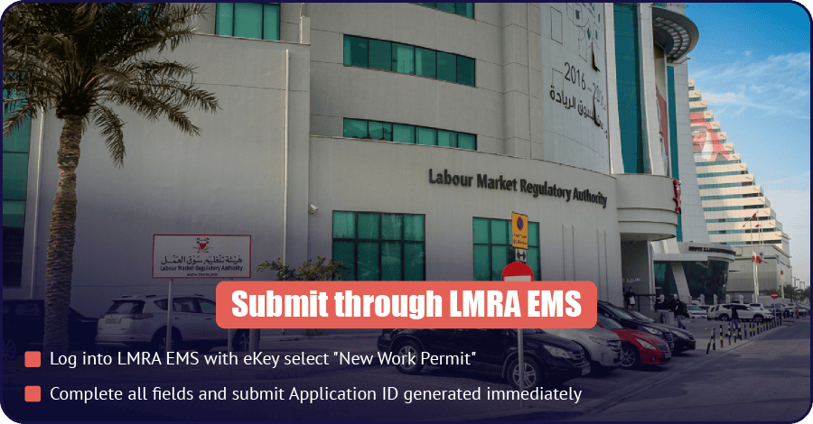 Investor visa step 4 — submit through LMRA EMS portal using eKey, select New Work Permit, complete all fields for immediate Application ID