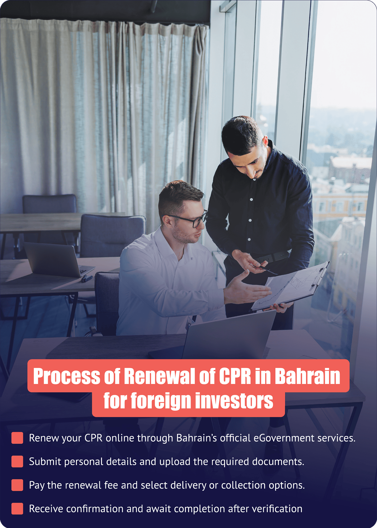 Foreign investor reviewing Bahrain CPR renewal documents and the online renewal process.