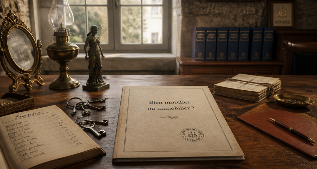 bien mobilier ou immobilier, salle de notaire, objets et clés