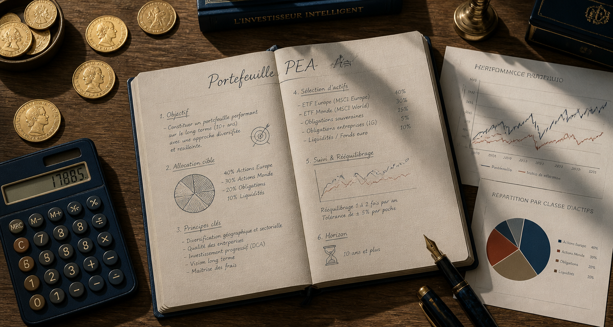 Exemple portefeuille PEA sur bureau avec carnet et graphiques