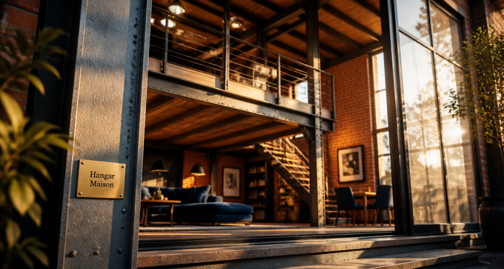 hangar aménagé en maison avec grande baie vitrée et mezzanine