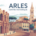 Vue stylisée arles centre historique avec arènes et places