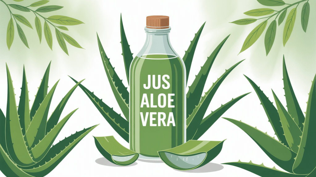 bouteille jus aloe vera entourée feuilles bienfait
