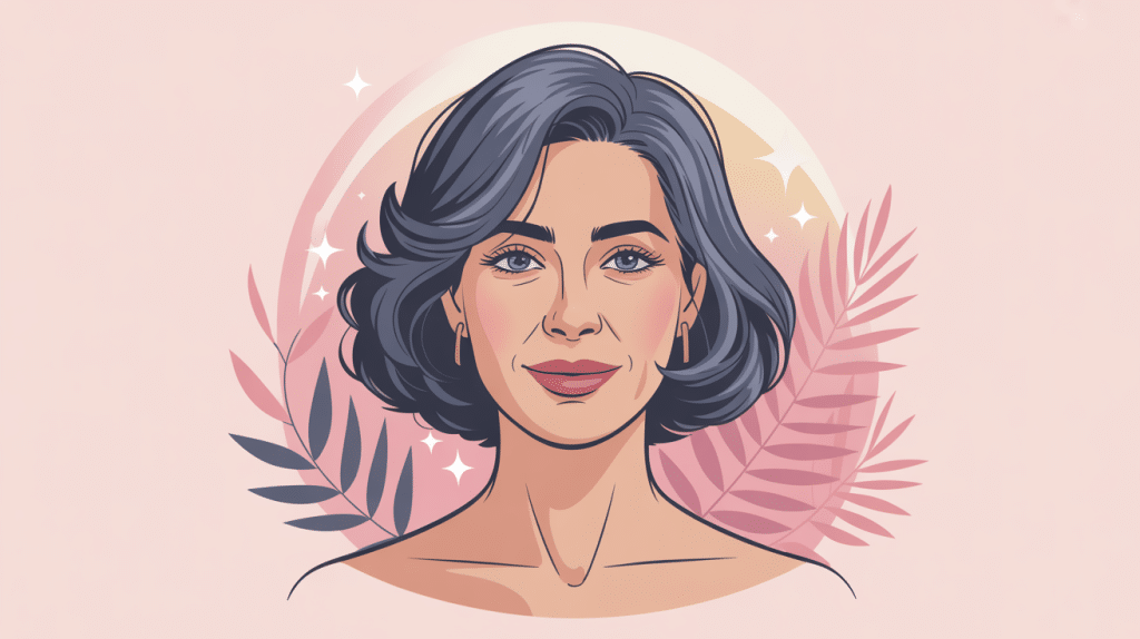 Illustration coupe cheveux mi long dégradé effilé avec frange 60 ans moderne