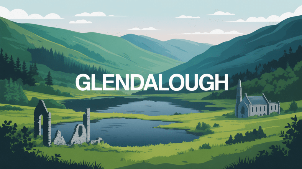 Glendalough comté de Wicklow Irlande, vallée avec lacs et ruines monastiques