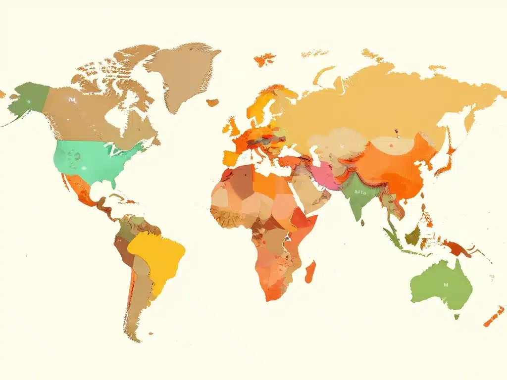 Pays par m, continents en couleurs sur carte stylisée
