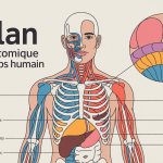 Plan anatomique du corps humain avec découpes et repères directionnels