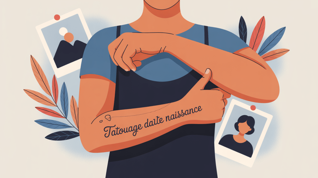 tatouage date de naissance sur avant-bras, éléments de mémoire, illustration épurée