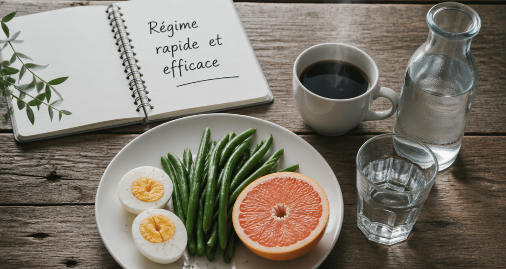 assiette régime rapide et efficace œufs haricots verts pamplemousse