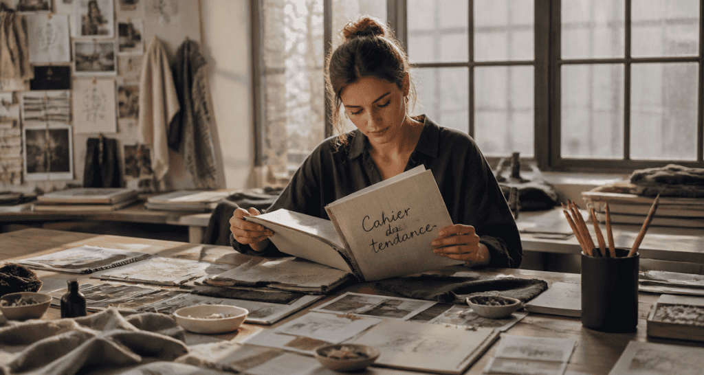 cahier de tendance sur table en studio lumineux