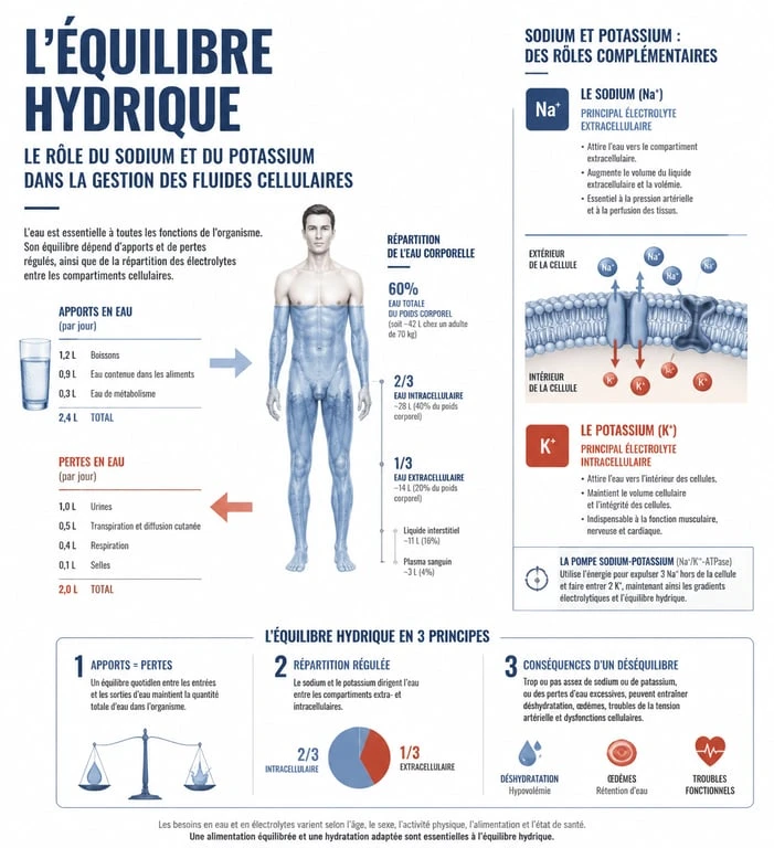 Infographie expliquant l'excès d'eau dans le corps et l'équilibre sodium-potassium