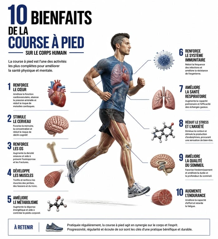 Infographie des 10 bienfaits de la course à pied pour la santé physique et mentale